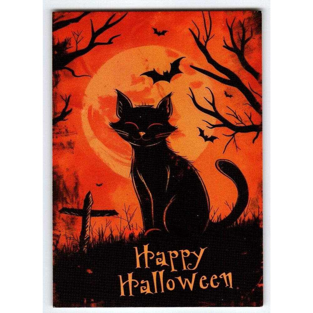 Vintage Halloween Black Cat & Bats Postcard with Full Moon 5.5x4 Chrome
